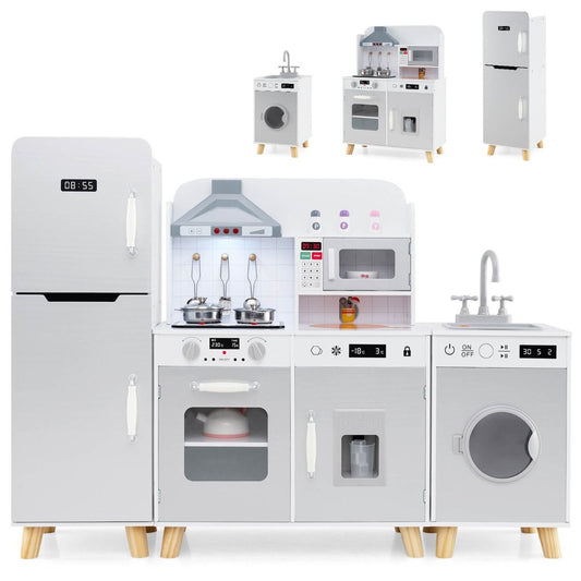 Grey wooden modular kitchen set for kids featuring interactive lights and sounds for imaginative culinary play.
