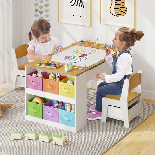 Flip-Top Kids Art Easel Table | 2 Chairs Storage Bins White Natural