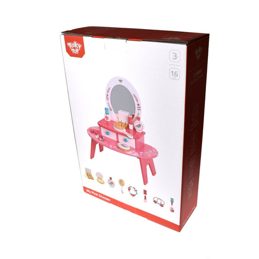 Kids pink vanity dresser with mirror and stool for imaginative play and storage.