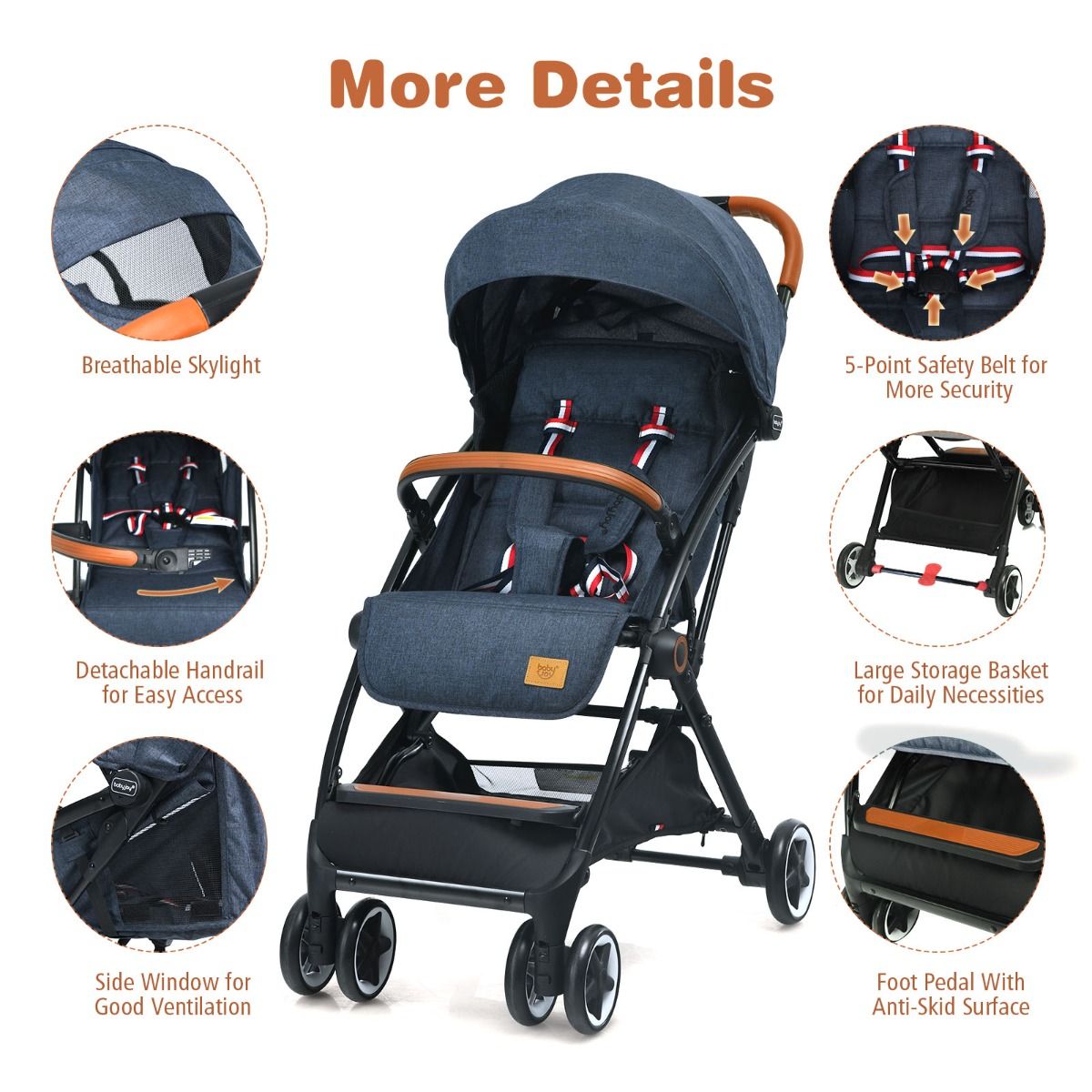 Navy canopy stroller with adjustable backrest offers comfort and protection for babies during outdoor walks Navy canopy stroller with adjustable backrest offers comfort and protection for babies during outdoor walks