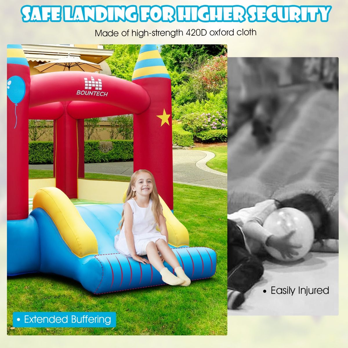 Kids 2-in-1 inflatable bounce house & slide set with blower for active home play. Kids 2-in-1 inflatable bounce house & slide set with blower for active home play.