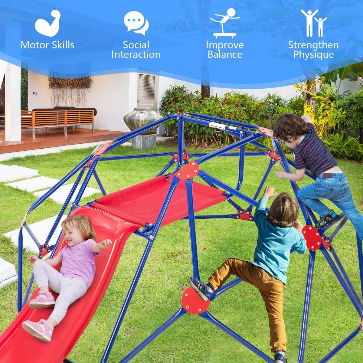 Colorful 8ft dome climber with slide, perfect for backyard play, ideal for kids home fun. Colorful 8ft dome climber with slide, perfect for backyard play, ideal for kids home fun.