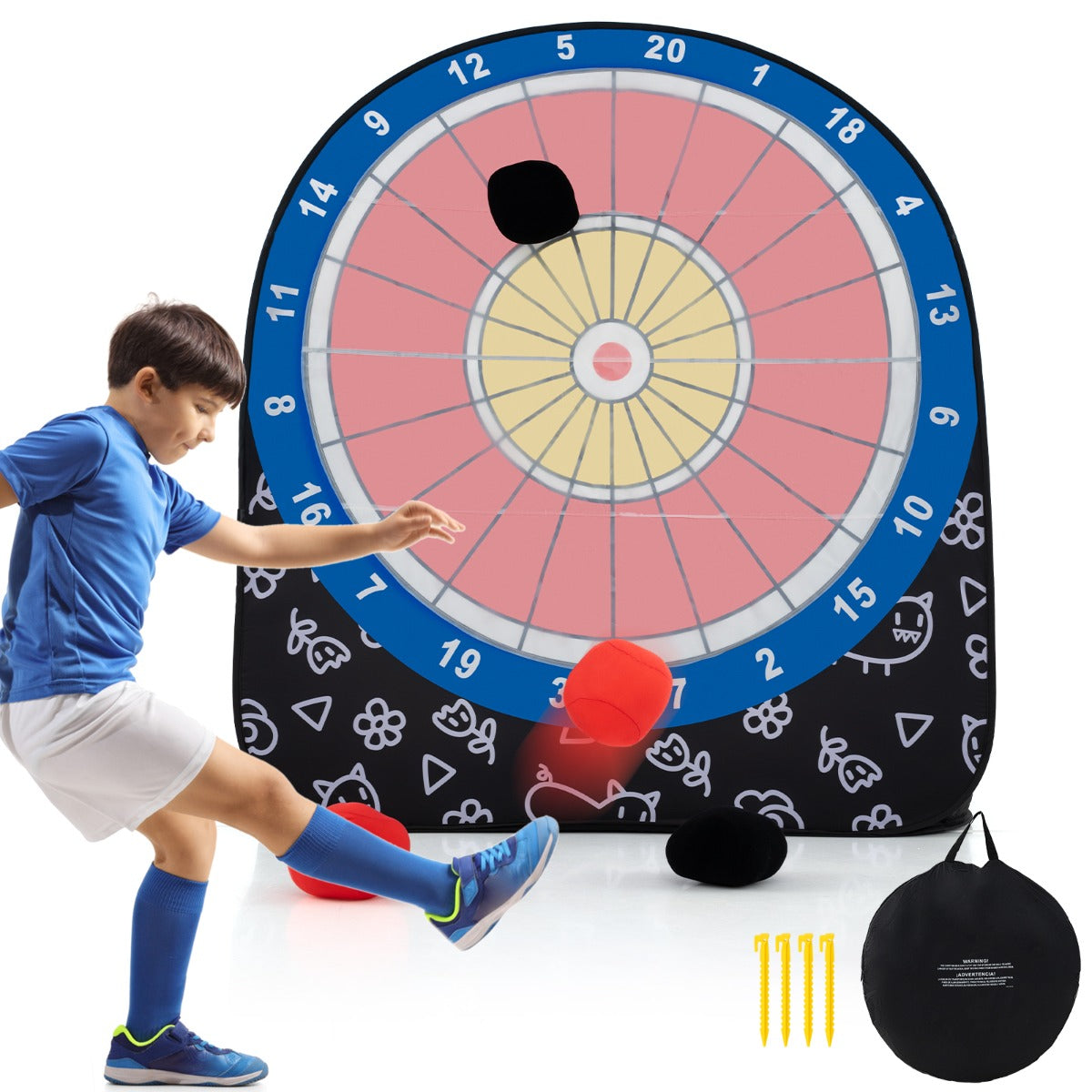 Kid-friendly portable dart board game with soccer theme for outdoor play on-the-go. Kid-friendly portable dart board game with soccer theme for outdoor play on-the-go.