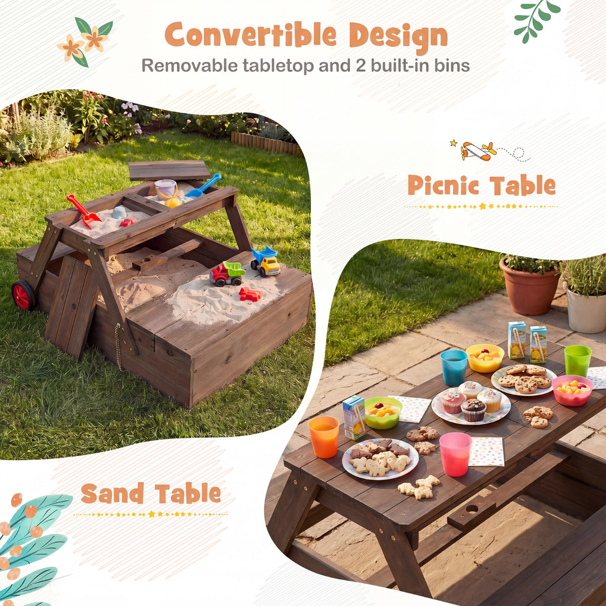 2-in-1 Walnut Wooden Sandbox & Picnic Table With Umbrella