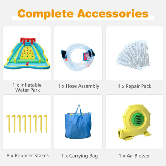 Colorful inflatable bouncer with dual slides and splash pool offers outdoor water fun for active children