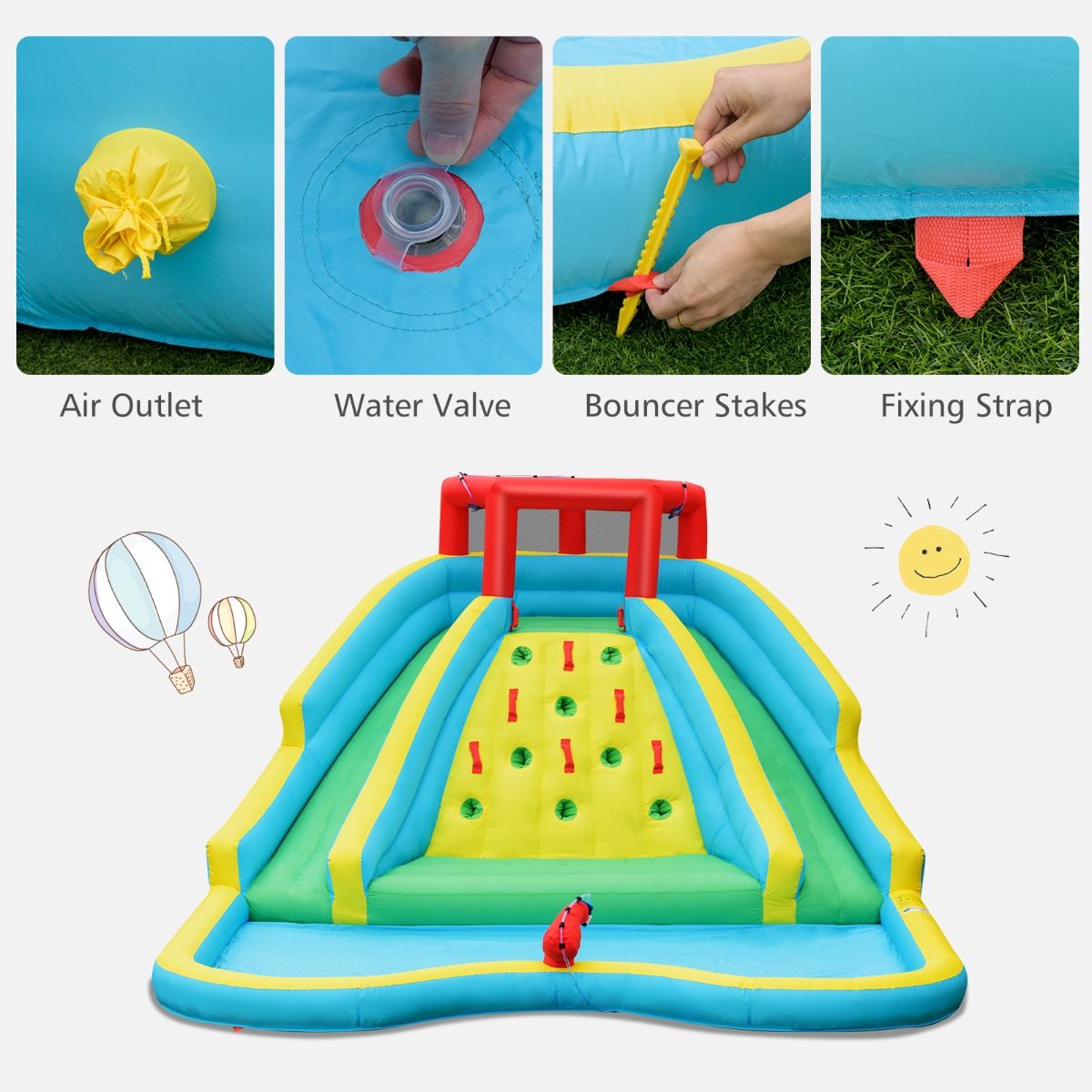 Colorful inflatable water park with dual slides and splash pool for outdoor summer fun and entertainment Colorful inflatable water park with dual slides and splash pool for outdoor summer fun and entertainment