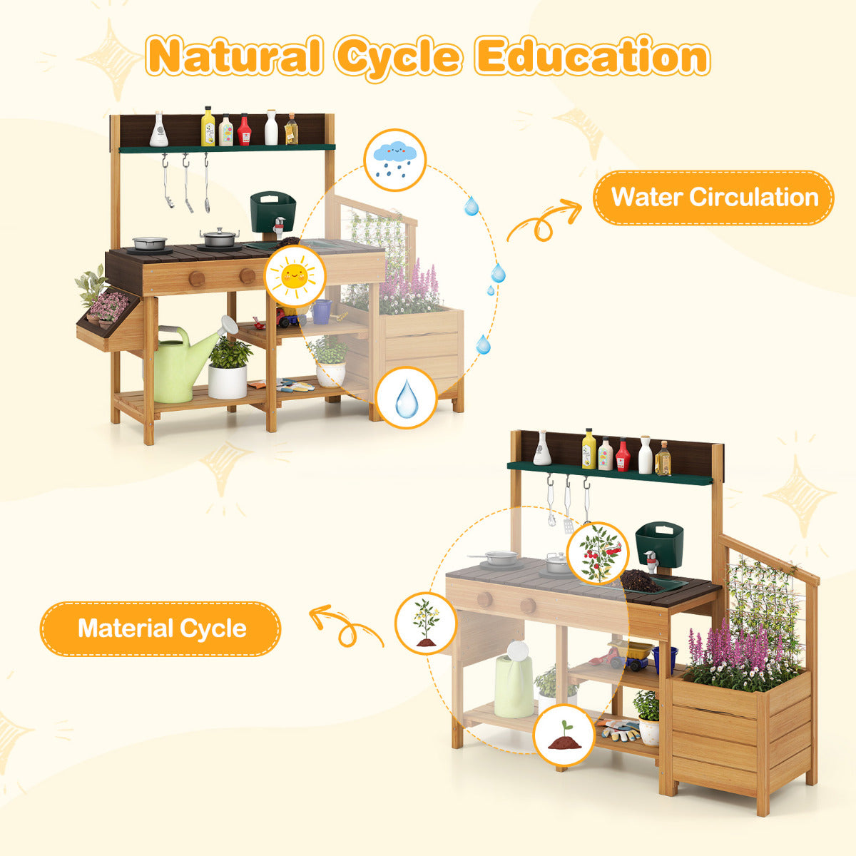 Wooden Play Kitchen With Removable Faucet & Planters | Natural