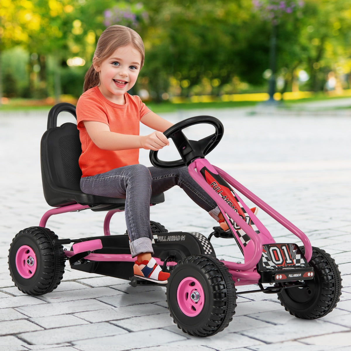 Adjustable seat Pink Pedal Go Kart for Kids 3-6, ideal for fun home rides. Adjustable seat Pink Pedal Go Kart for Kids 3-6, ideal for fun home rides.