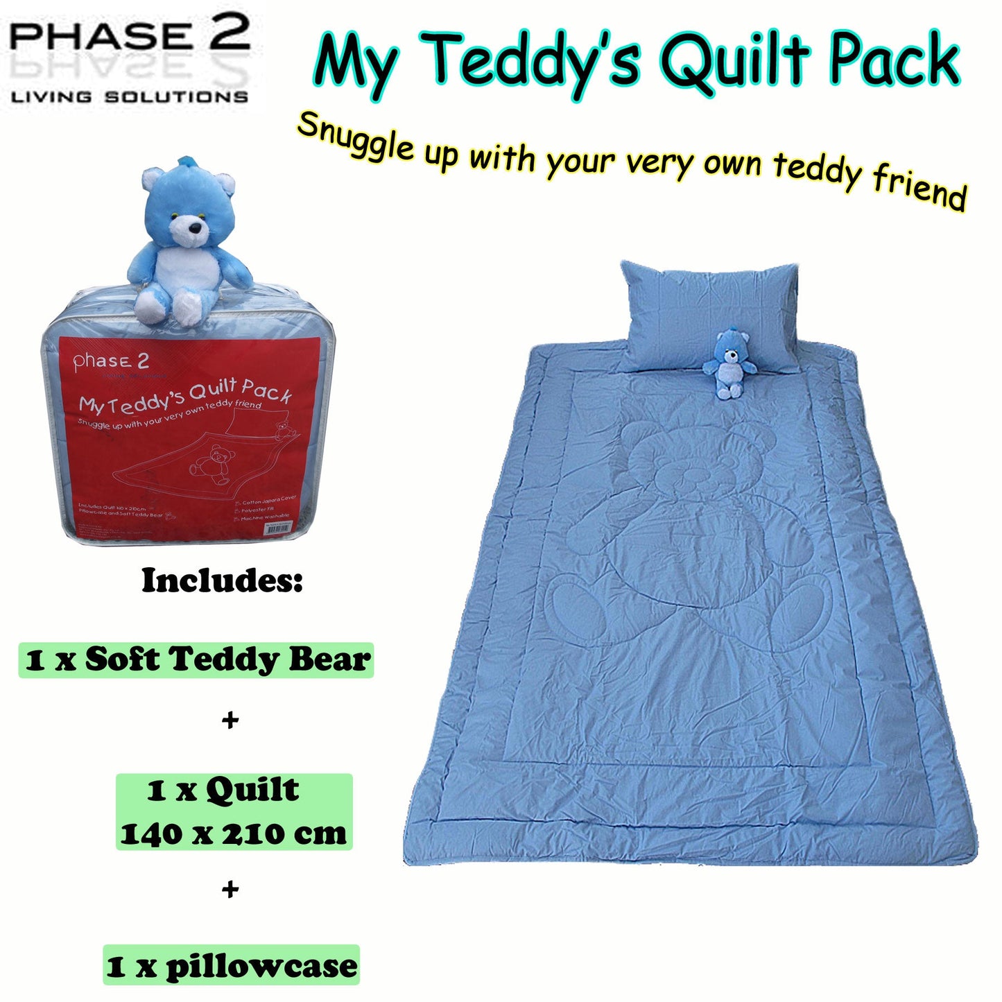 Blue teddy bear quilt set with matching toy for cozy childrens bedroom decor.