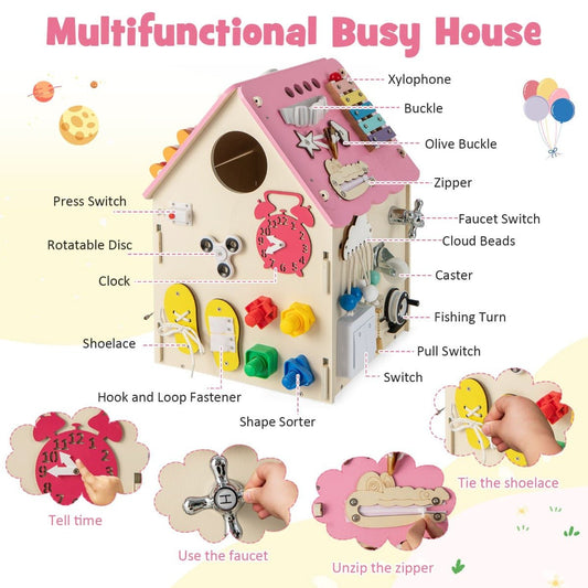 Pink sensory activity cube for kids, promoting interactive play and imaginative learning at home.