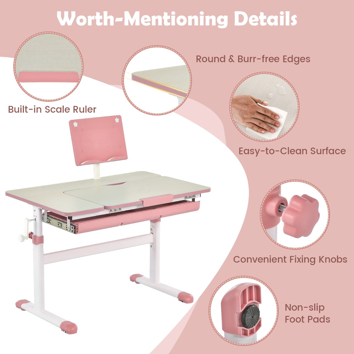 Height-adjustable pink study desk with tilting desktop and storage, ideal for kids learning.