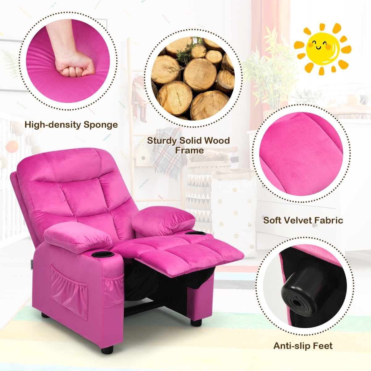 Kids recliner chair in pink velvet with cup holders for ages 3+. Perfect for childrens comfort and relaxation at home.