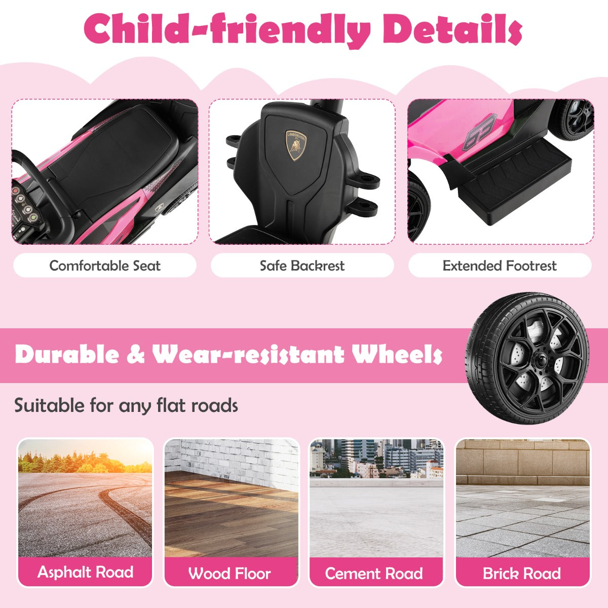 Pink Lamborghini push car for toddlers, ages 12-36 months, features 3-in-1 design. Pink Lamborghini push car for toddlers, ages 12-36 months, features 3-in-1 design.