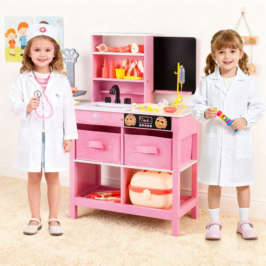 Pink Wood Doctor Playset | Blackboard Sink Scale Medical Toy