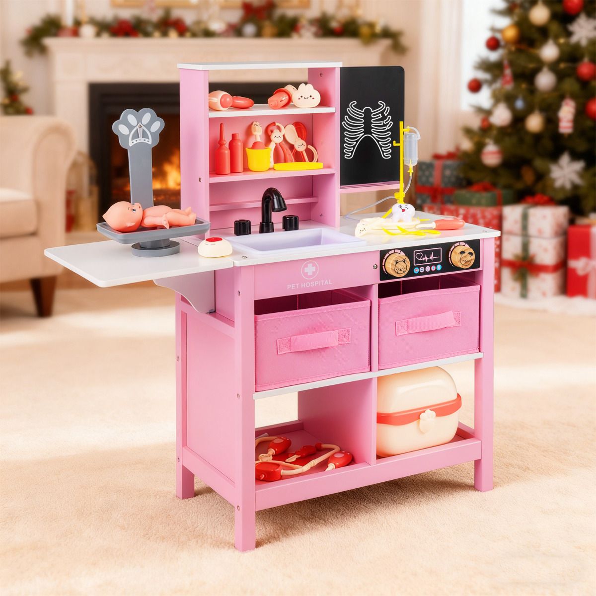 Pink Wood Doctor Playset | Blackboard Sink Scale Medical Toy