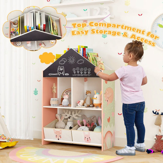 Kids pink playhouse bookshelf with chalkboard & whiteboard for creative, interactive home learning.