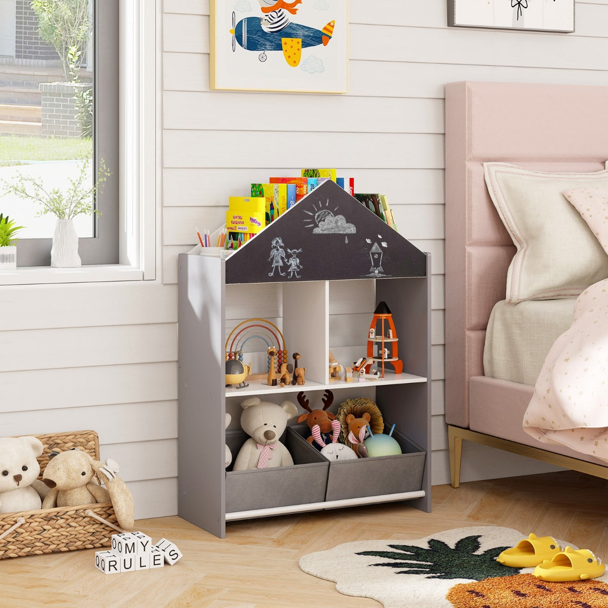Grey Kids Dollhouse Bookshelf with dual Chalkboard & Whiteboard, perfect for creative playtime. Grey Kids Dollhouse Bookshelf with dual Chalkboard & Whiteboard, perfect for creative playtime.