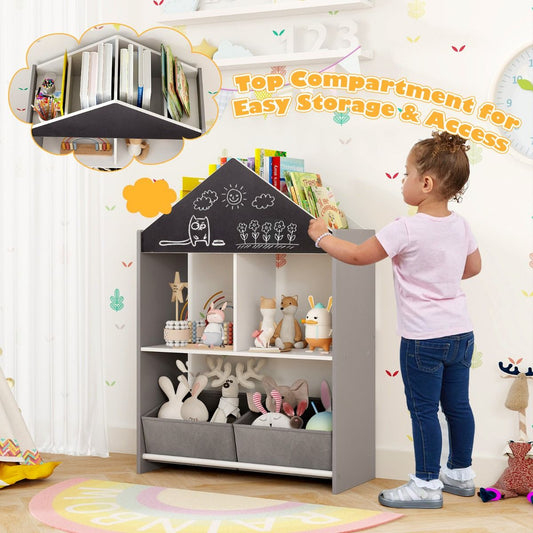 Grey kids dollhouse bookshelf with chalkboard and whiteboard, perfect for creative play and storage.
