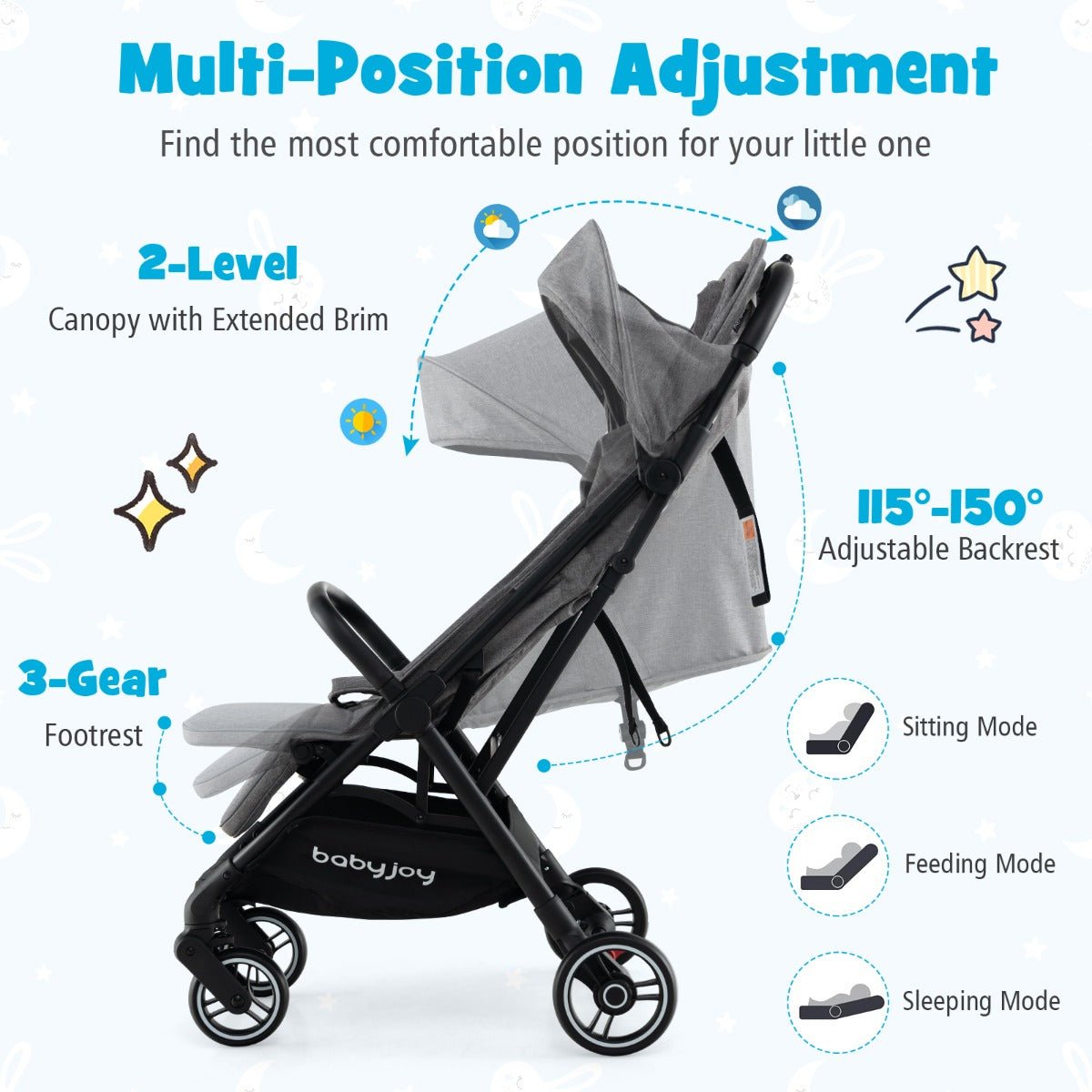 Portable Infant Stroller with Adjustable Backrest 6-36 Months Recommended Age-Dark Grey - Kids Mega Mart