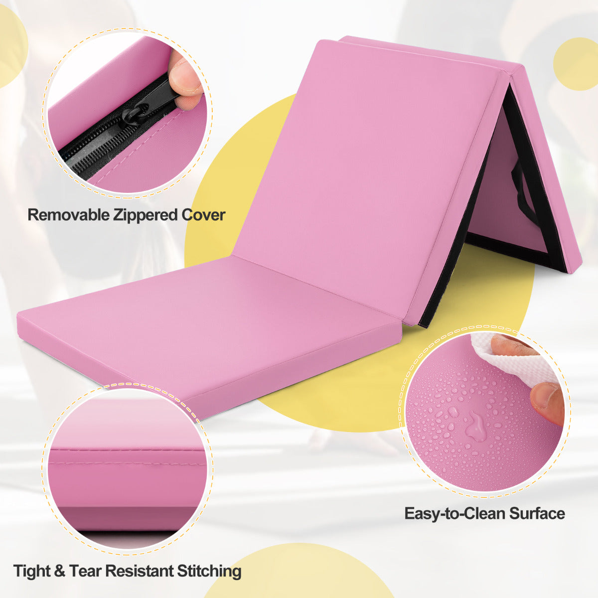 Pink 3-Fold Tumbling Mat | 180x60cm Portable Gym Mat 2 Handles