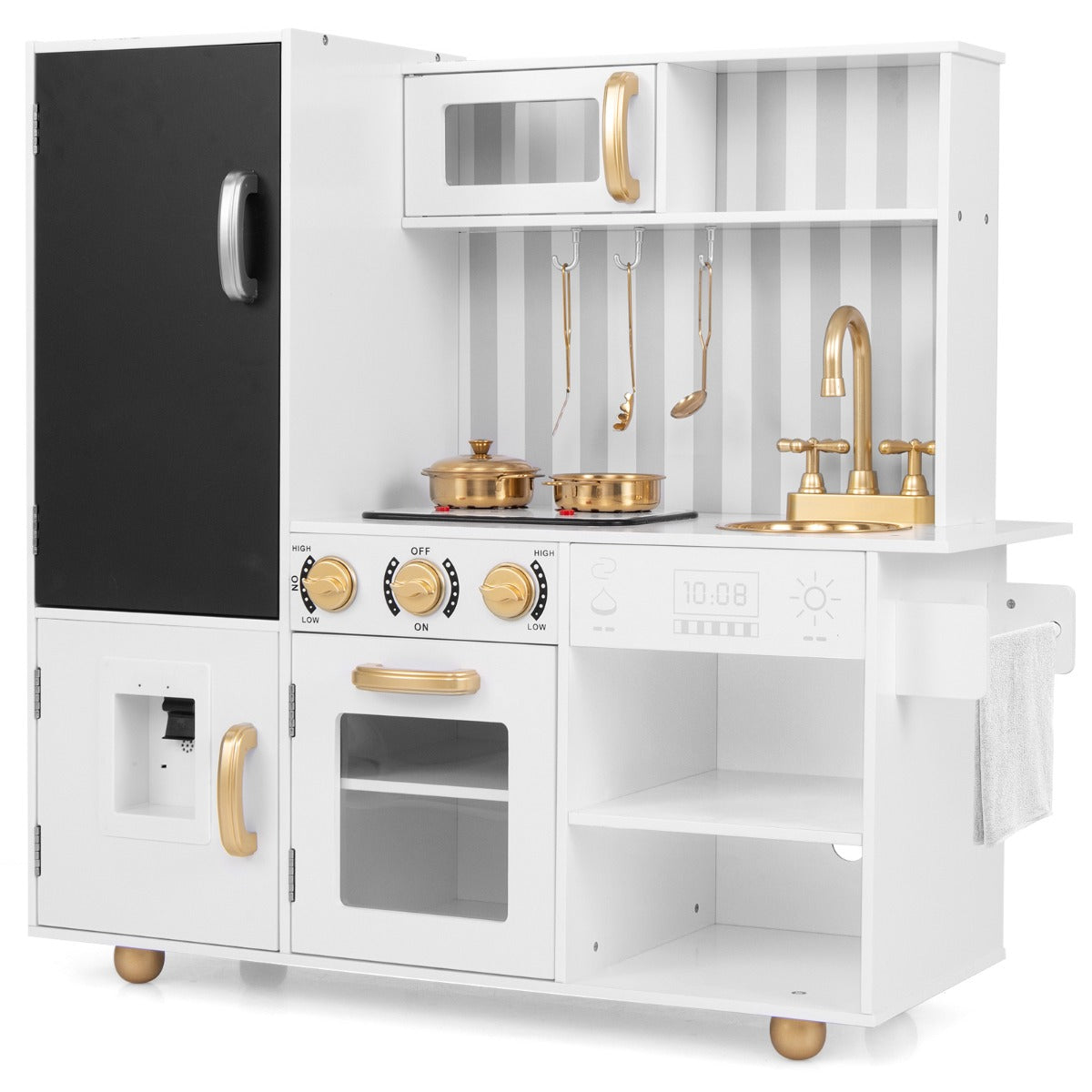 Wooden play kitchen with lights and sounds, interactive fun for kids at home. Wooden play kitchen with lights and sounds, interactive fun for kids at home.