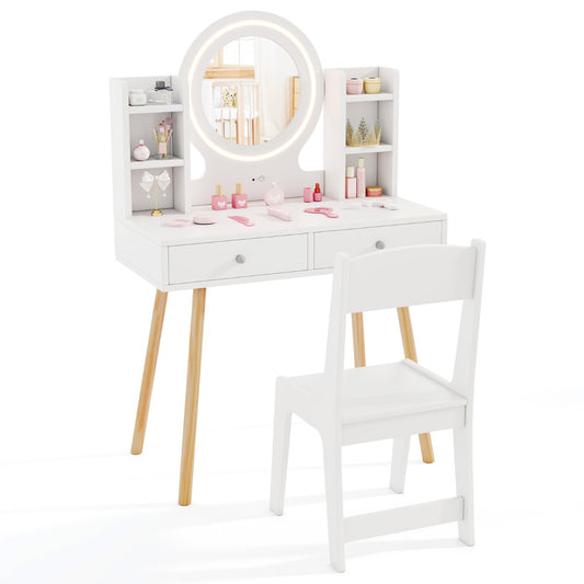 White Princess Vanity Set | 2-Color LED Mirror & Storage Chair