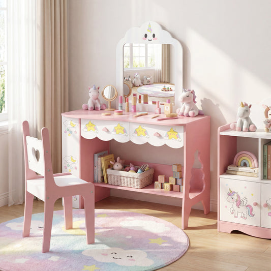 Pink Princess Girls Vanity Table Set With Mirror Chair | Ages 3-7