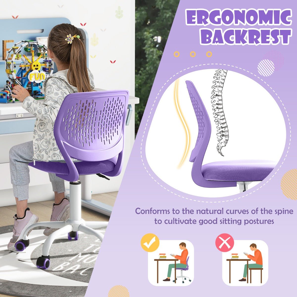 Child-size purple ergonomic desk chair, adjustable for comfort, perfect for schoolwork or gaming.