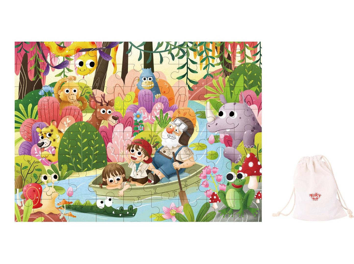 Colorful 72-piece jigsaw puzzle depicting a vibrant rainforest scene for childrens entertainment and learning. Colorful 72-piece jigsaw puzzle depicting a vibrant rainforest scene for childrens entertainment and learning.