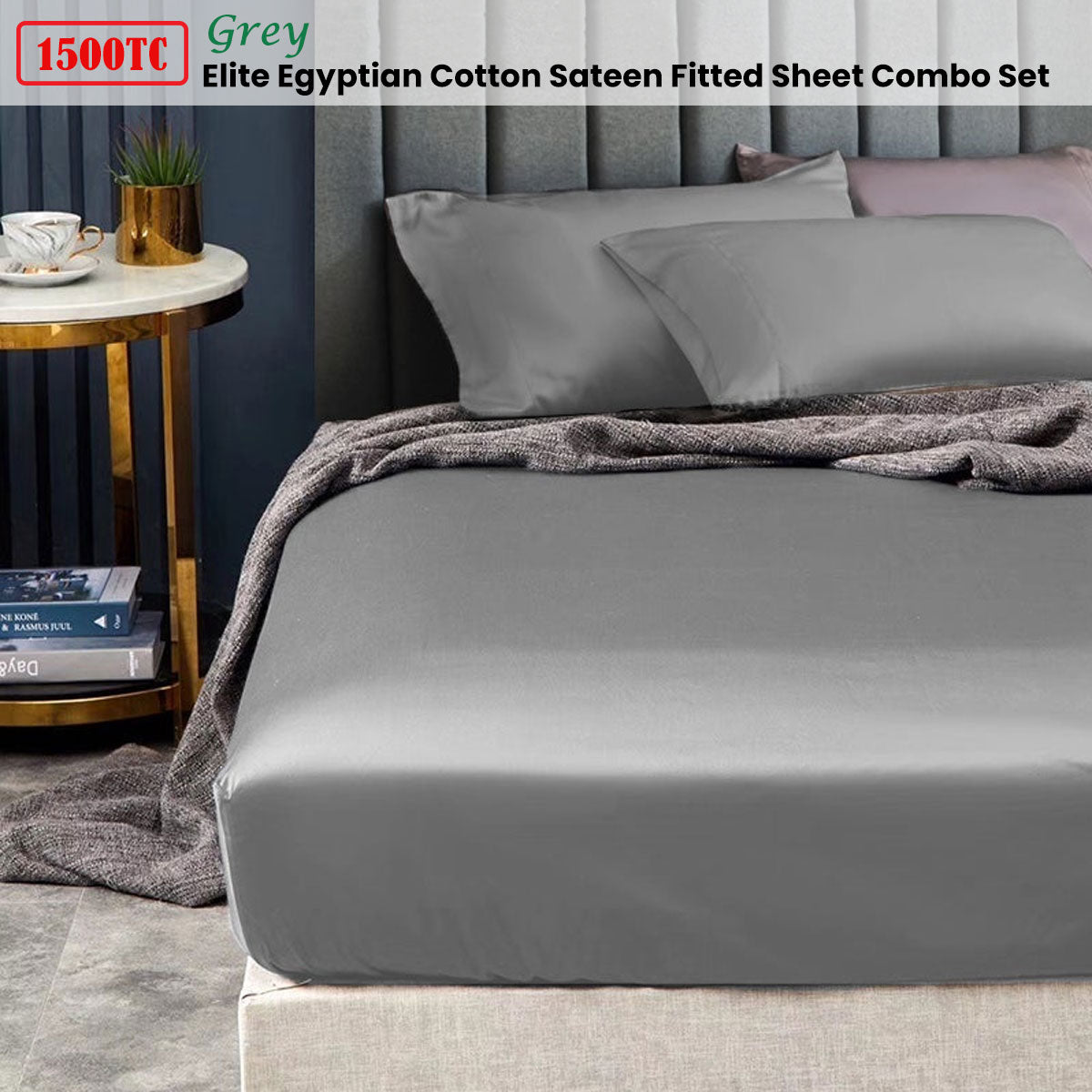 Ramesses 1500TC Elite Egyptian Cotton Sateen Fitted Sheet Combo Set Grey Single - Luxury kids bedding