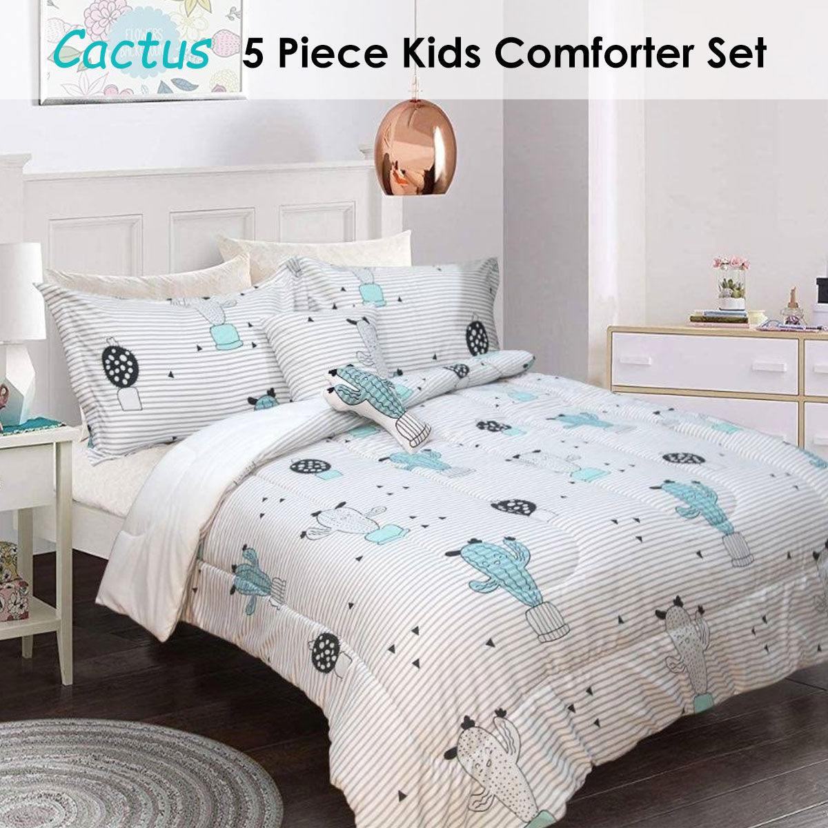 Colorful 5-piece cactus-themed kids comforter set for vibrant bedroom decor and coziness.