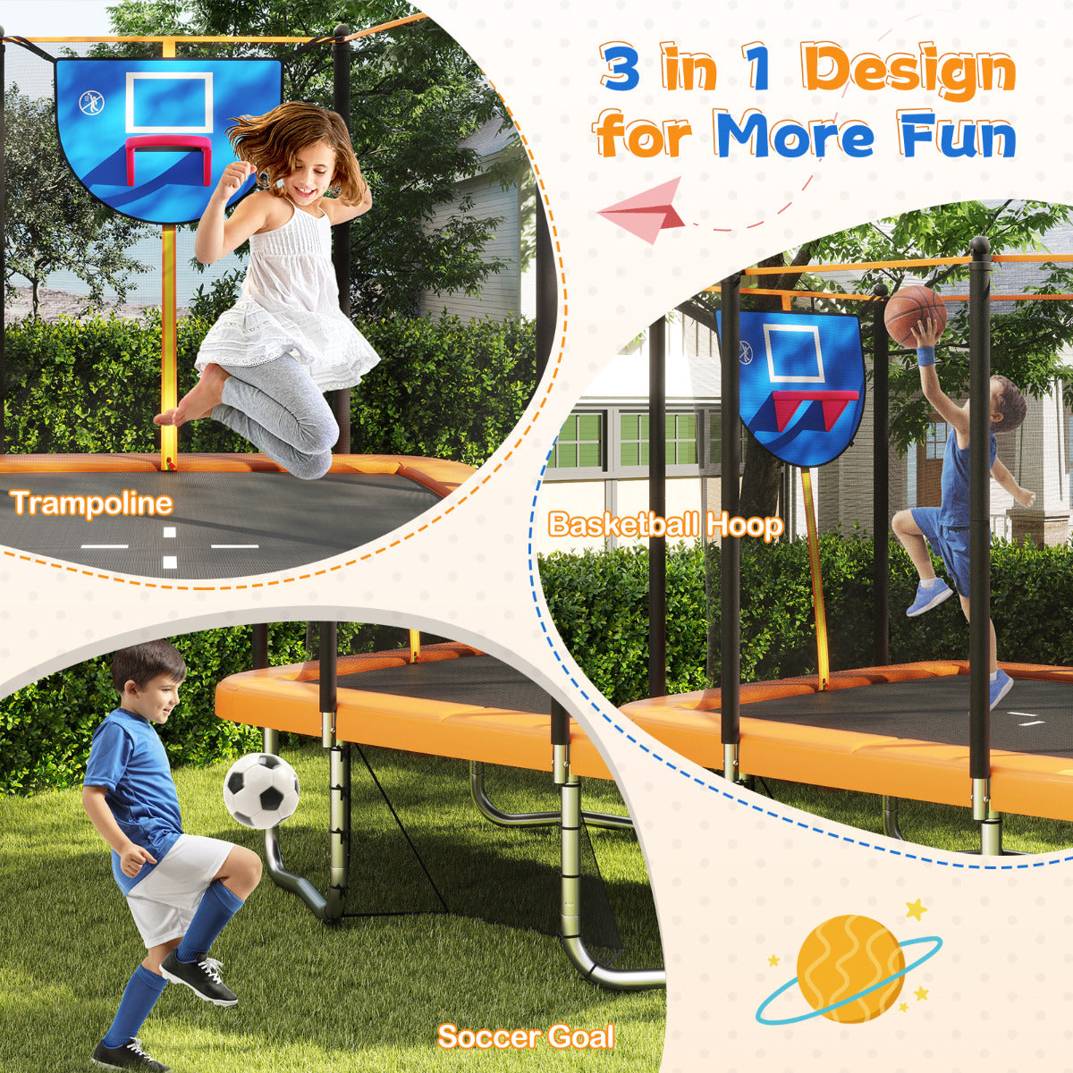 Orange Rectangle Trampoline 10x8ft | Basketball Hoop & Goals