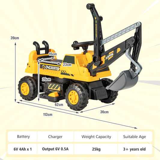 Yellow Ride On Excavator | LED Lights Music & 30° Rotation