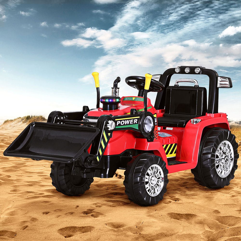 Red electric ride-on bulldozer for kids with remote control, perfect for backyard fun.