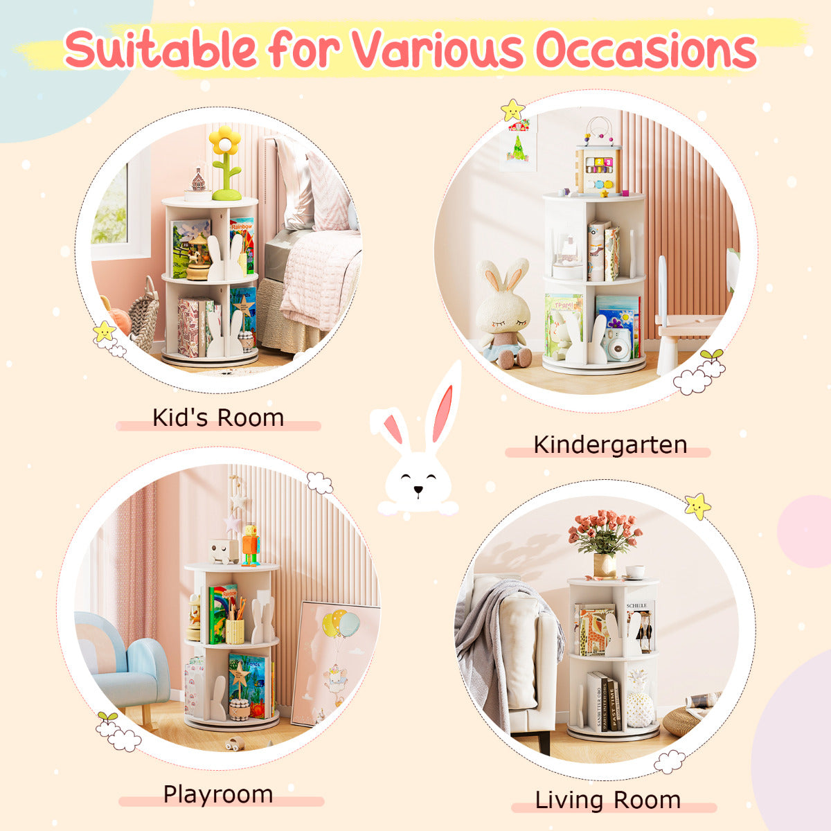 White 360° Rotating Kids Bookshelf | 2 Tier with Bunny Ends