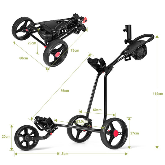 Black Folding Golf Push Cart | 3 Wheel Adjustable Handle