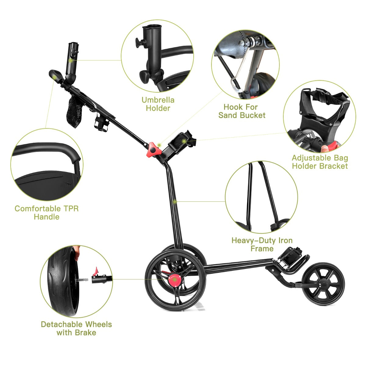 Black Folding Golf Push Cart | 3 Wheel Adjustable Handle