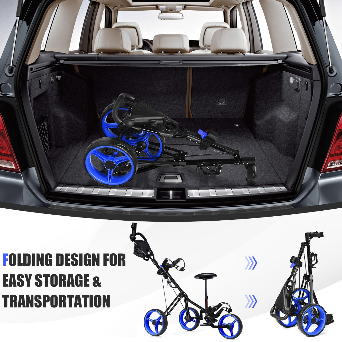Blue 3 Wheel Folding Golf Cart | Adjustable Handle & Padded Seat