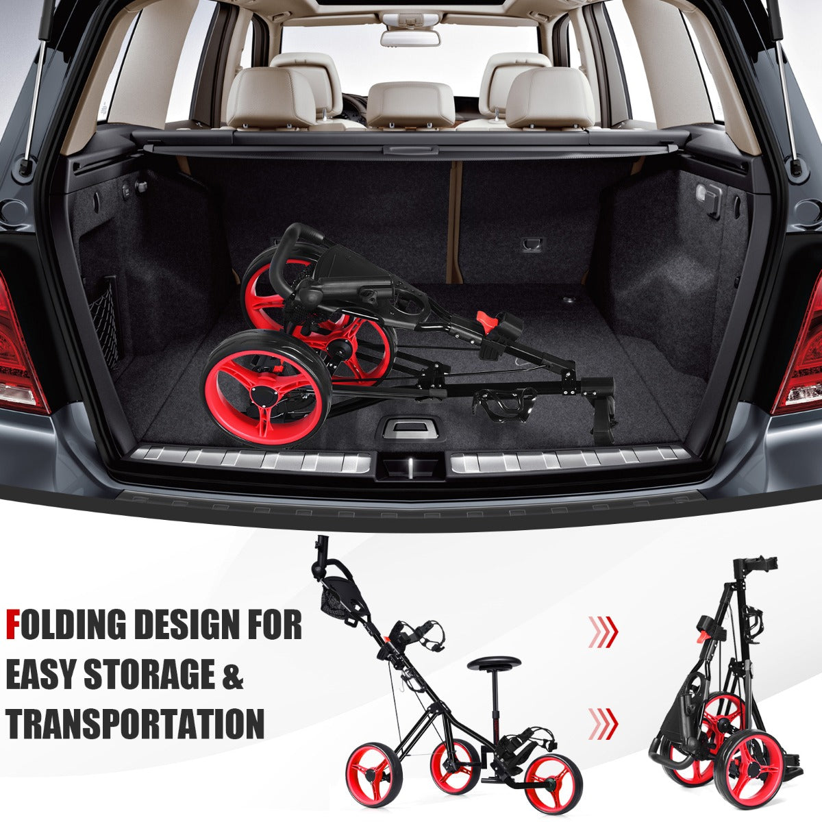 Red 3 Wheel Folding Golf Cart | Adjustable Handle Padded Seat