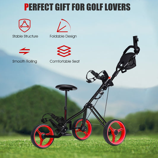 Red 3 Wheel Folding Golf Cart | Adjustable Handle Padded Seat