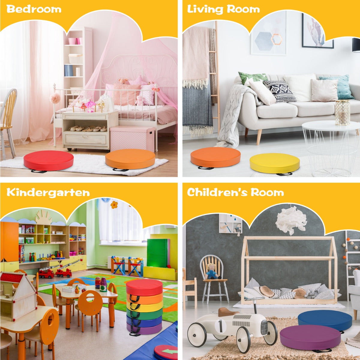 Set of 6 colorful, waterproof foam floor cushions with handles for fun, comfortable kids seating.