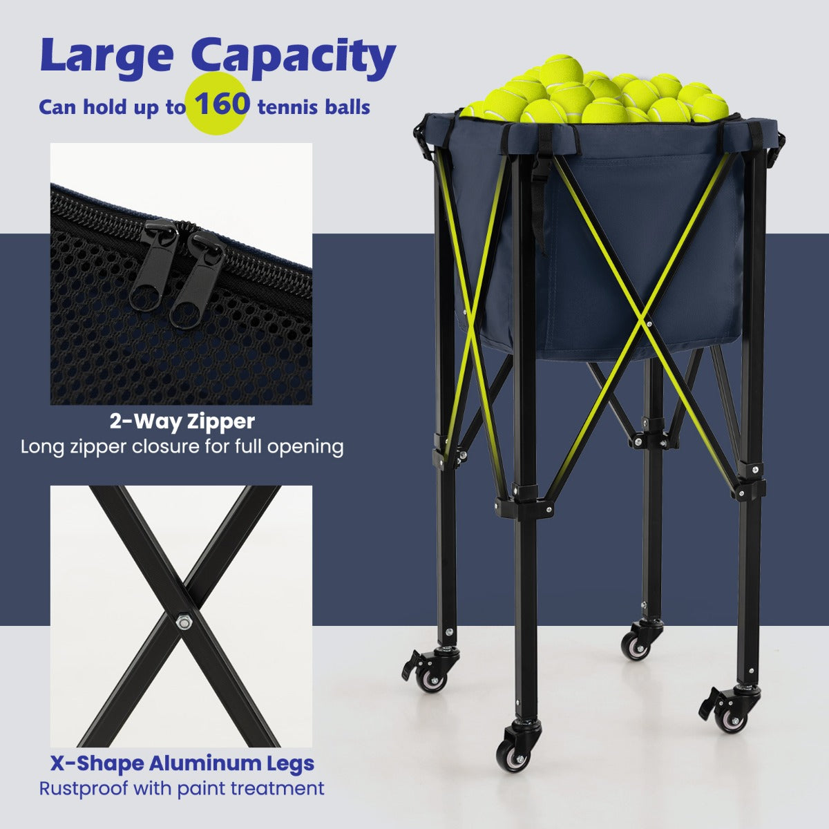 Blue Foldable Tennis Ball Cart | 150 Ball Capacity | Wheels