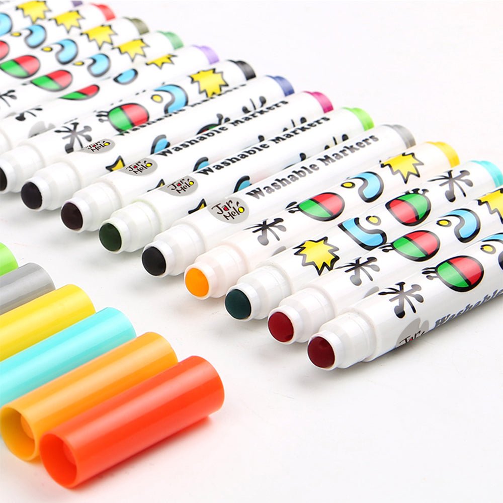 Set of 24 washable markers with round tip design for childrens colorful home creations.