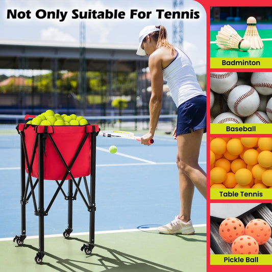 Tennis Ball Cart | Red Foldable 150-Ball Wheeled Holder