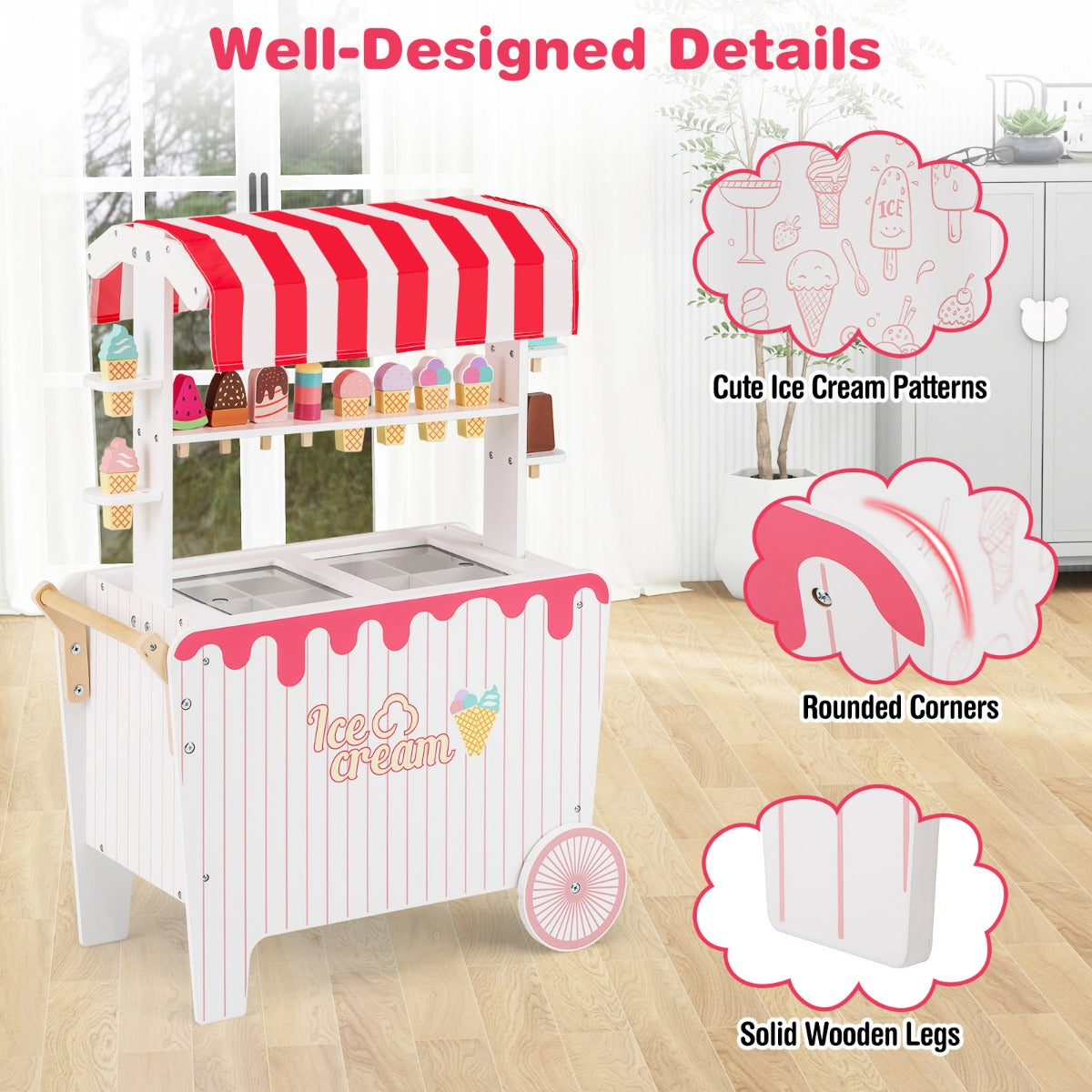 Red Kids Ice Cream Cart With Wheels Canopy & Storage