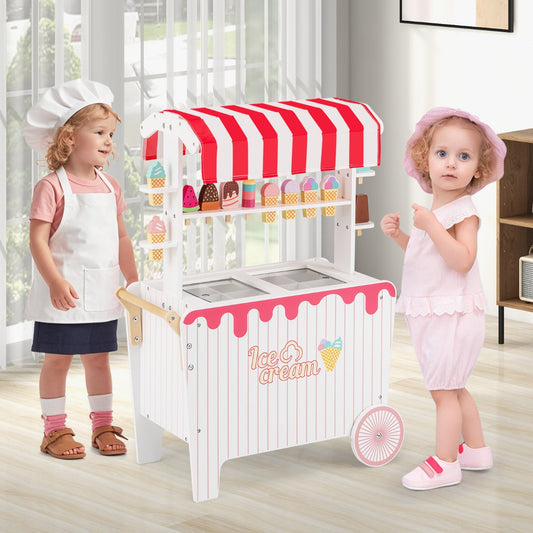 Red Kids Ice Cream Cart With Wheels Canopy & Storage