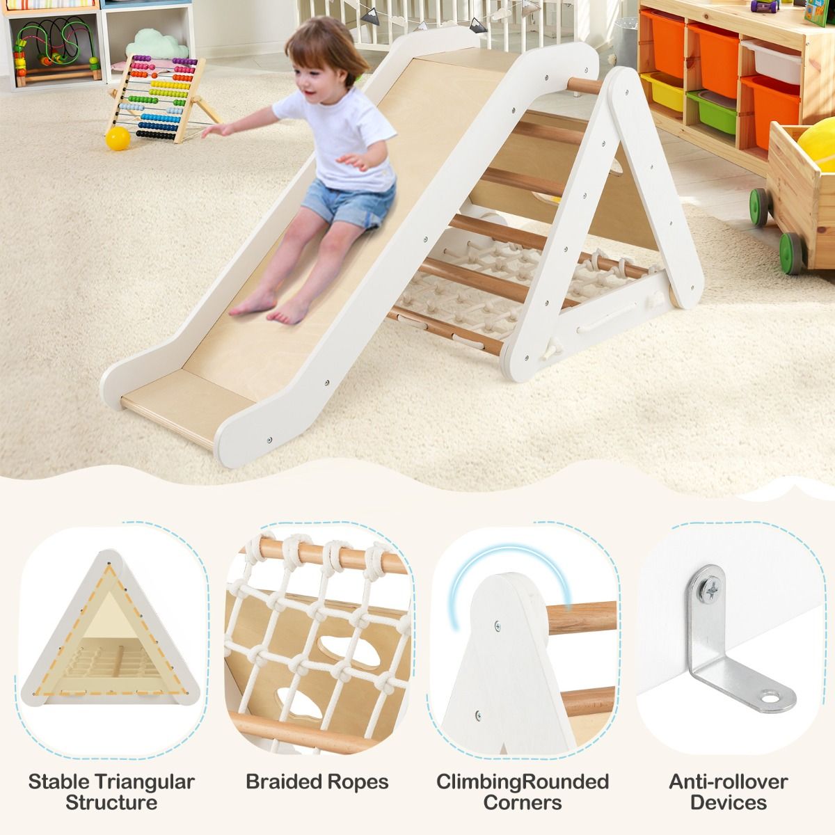 Versatile wooden climbing set with triangle, ramp, and ladder for developing toddlers motor skills and confidence