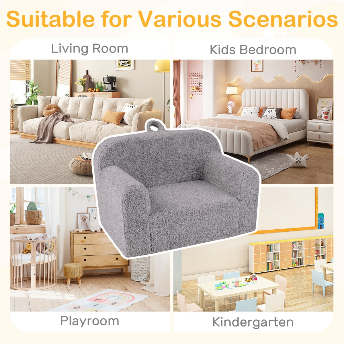 Kids Foam Sofa with Teddy Fleece Cover | Portable Grey Chair