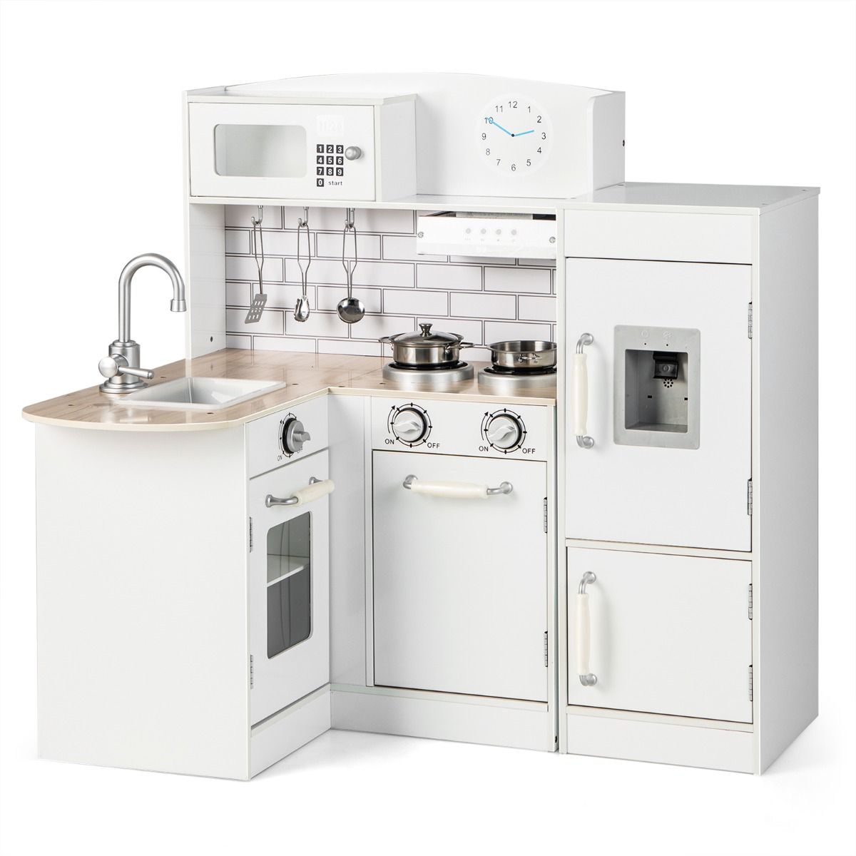Kids Kitchen Playset | White L-Shaped Design With Microwave