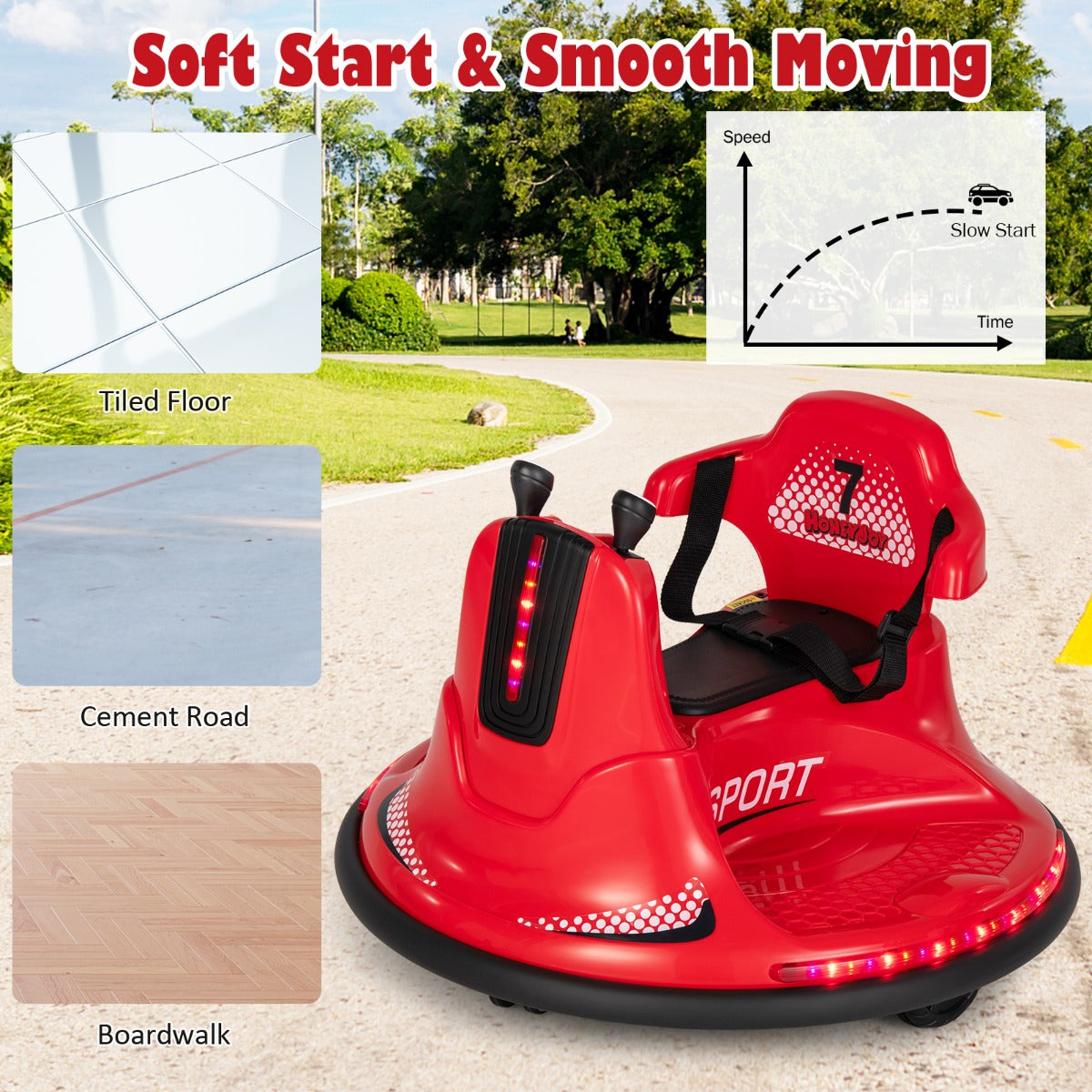 Red electric ride-on bumper car for kids with remote control and music - home entertainment. Red electric ride-on bumper car for kids with remote control and music - home entertainment.